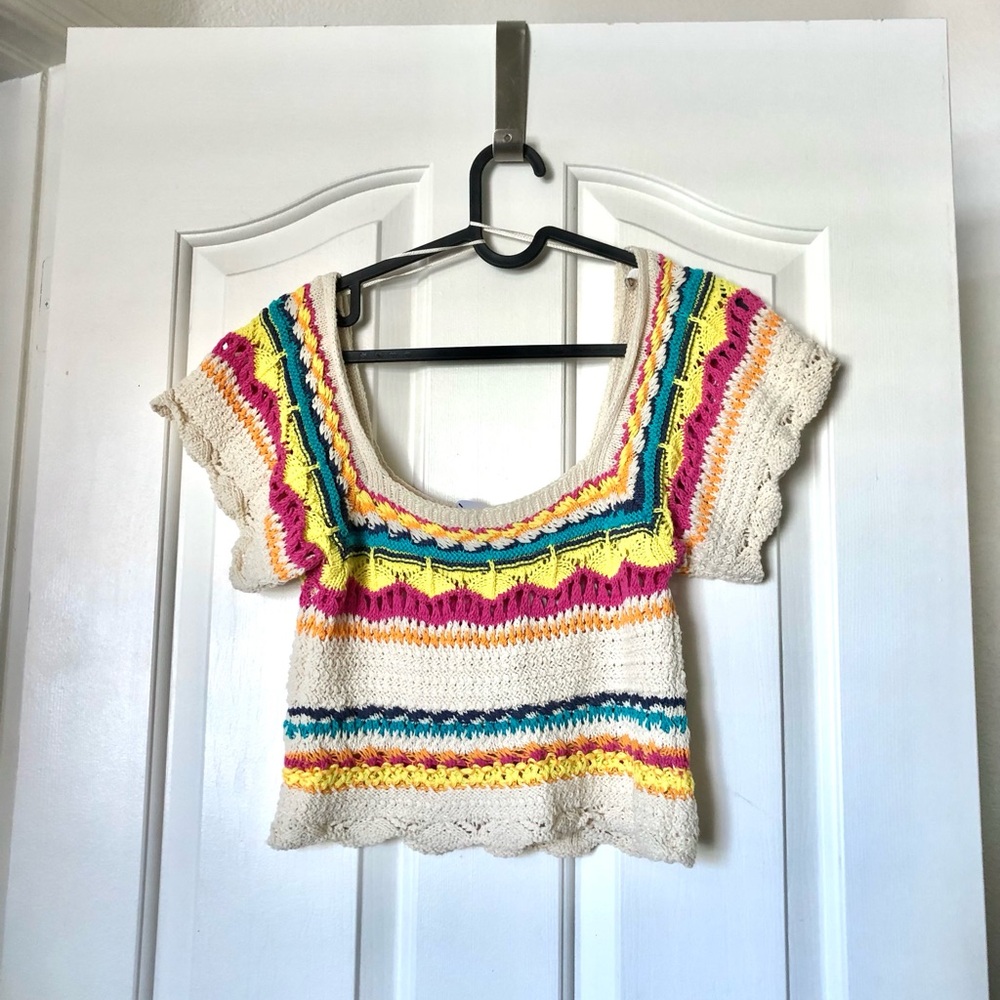 NWOT Zara Crochet Short Sleeve Scoop Neck Top - Cream with Multicolor Stripes